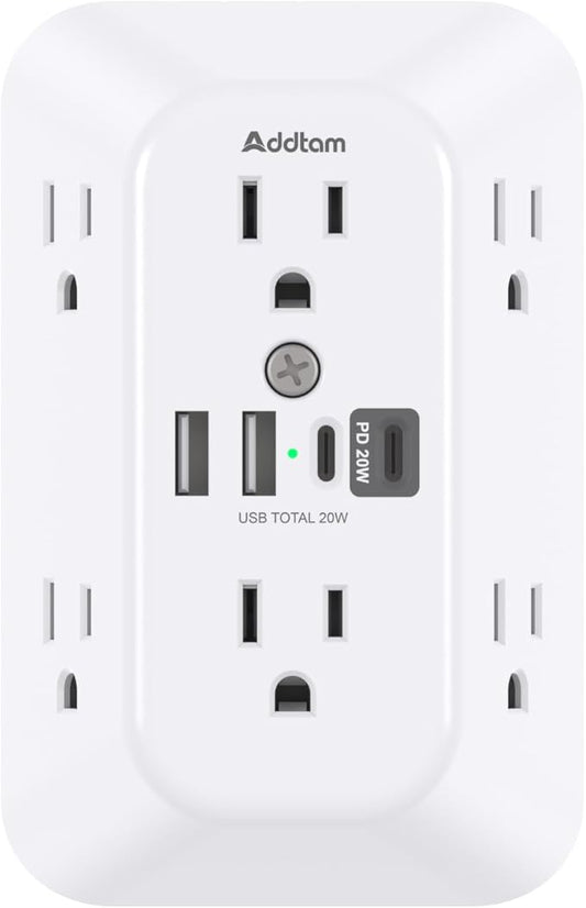 Addtam Surge Protector Outlet Extender, 6-Outlet Splitter with 4 USB Wall Charger(PD 20W), Multi Plug Wall Outlet 1800J Power Strip for Home Office Dorm Room Essentials, White