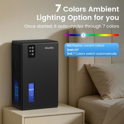 NineSky Dehumidifiers for Home, 1000 Sq.Ft Dehumidifier with 95oz Water Tank, Quiet Dehumidifier for Basement Bathroom Bedroom with 7-Color Ambient Light & Auto Shut Off, Black