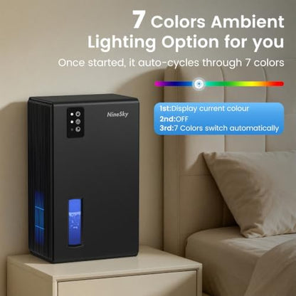 NineSky Dehumidifiers for Home, 1000 Sq.Ft Dehumidifier with 95oz Water Tank, Quiet Dehumidifier for Basement Bathroom Bedroom with 7-Color Ambient Light & Auto Shut Off, Black
