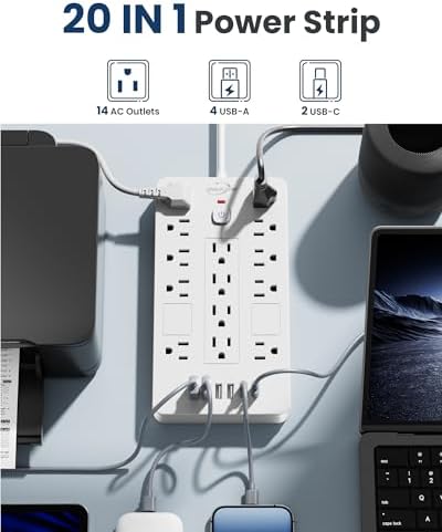 JouleLoom Surge Protector Power Strip-14 Outlets and 6 USB Ports, 20 Feet Flat Plug Extension Cord, 1850 Joules, White, ETL Listed for Home, Office, Dorm Room