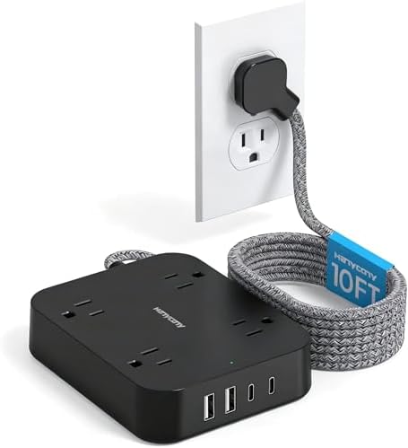 10 Ft Braided Extension Cord, Ultra-Thin Flat Plug, 4 Widely Spaced Outlets