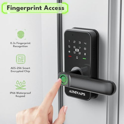 WiFi Keyless Entry Door Lock with Handle,Door Locks for Front Door,Deadbolt | Fingerprint Door Knob, Keypad Deadbolt with App Remote/WiFi/Key/IC Card/ Passcode, Smart Lock & Front Door Handle-Black