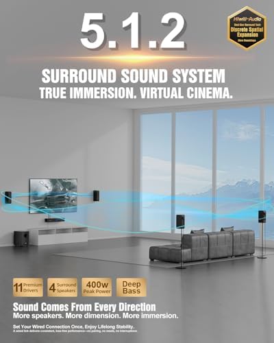 Wooden 5.1.2 Virtual Surround Sound System, 4 Surround Speakers Wired, 400W Peak Power, Sound Bars for Smart TV w/Subwoofer, 5.25'' Deep Bass, Home Theater TV System, ARC/Opt/BT/AUX