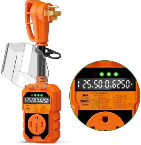 50 Amp RV Surge Protector 26000J Overload Auto Shutoff & Manual Reset