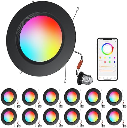 Black 5/6inch Color Changing LED Can Lights,12Pack Retrofit LED Recessed Lighting,13W 1050LM Smart Recessed can Light,Compatible with Alexa,Bluetooth APP Control,for Bedroom Kitchen Livingroom