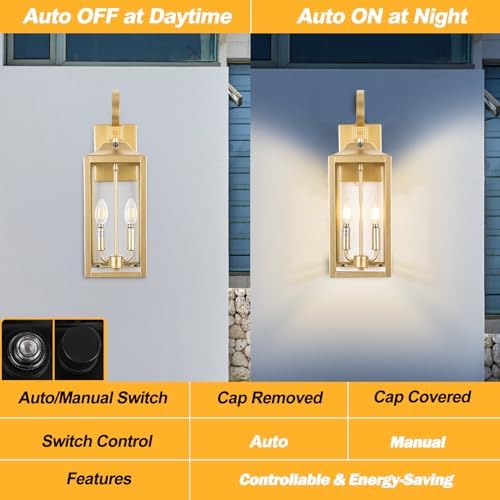 19" Dusk to Dawn Outdoor Wall Lantern 2-Light, Gold Outdoor Wall Lights