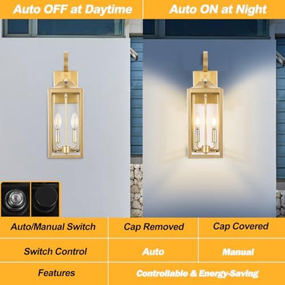 19" Dusk to Dawn Outdoor Wall Lantern 2-Light, Gold Outdoor Wall Lights