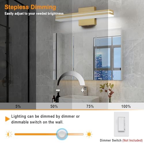 SineRise LED Modern Bathroom Vanity Light Fixtures (16-Inch, 3000K/4000K/6000K, Dimmable), Gold Modern Acrylic Bathroom Wall Lighting Fixtures Over Mirror