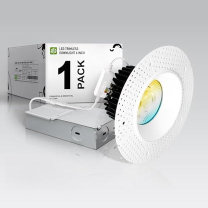 ASD 6 Inch Trimless LED Recessed Ceiling Light Fixture, 120-277V Multi-Voltage Commercial Downlight, 24W 2023 Lumens, 5CCT 2700K-5000K, 0-10V Dimmable, CRI90+, Anti-Glare, IC & Wet Rated, ETL