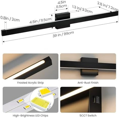 Modern Bathroom Lighting Fixtures Over Mirror, 39 Inch 30W Black Vanity Light Bar for Bathroom, Dimmable 5CCT LED Bathroom Wall Light Fixtures