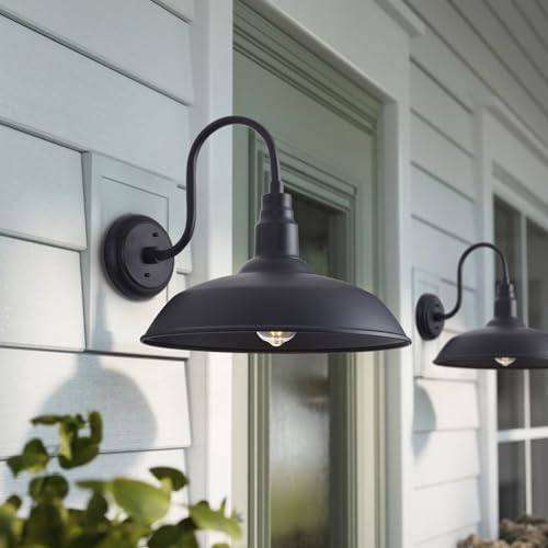 16 Inch Gooseneck Light Fixture for Barn Door, 2 Pack Large Barn Lights for Front Porch, Black Outdoor Farmhouse Light with Goose Neck Arm, Exterior Wall Dome Lighting for House Garage