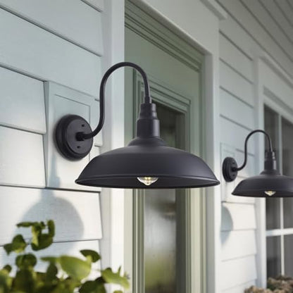 16 Inch Gooseneck Light Fixture for Barn Door, 2 Pack Large Barn Lights for Front Porch, Black Outdoor Farmhouse Light with Goose Neck Arm, Exterior Wall Dome Lighting for House Garage