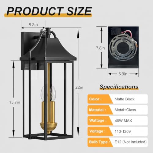 22IN Dusk to Dawn Outdoor Light, 2-E12 Base Outdoor Porch Light