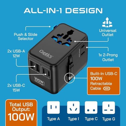 Ceptics Universal Travel Adapter, GAN 100W, 4 USB Ports & 2 Input Sockets
