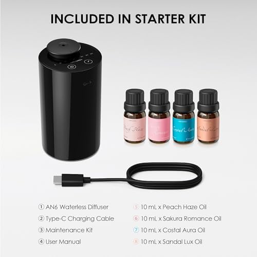 Airversa AN6 Waterless Essential Oil Diffuser Starter Kit, Black