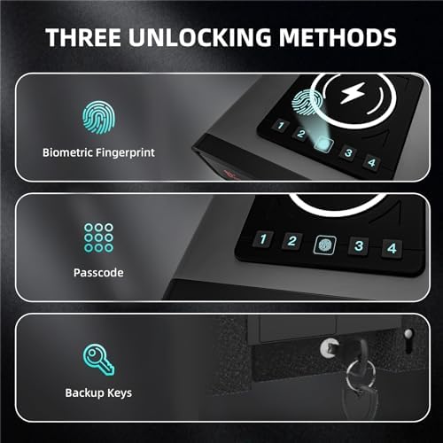XDeer Biometric Gun Safe for Handgun with Wireless Charging, Quick Access Fingerprint Gun Safes, Bedside Pistol Case, 7/24 Digital Alarm Clock Small Safe Silver 1PCS