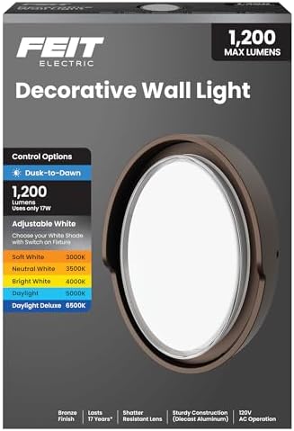 Feit Electric LED Outdoor Wall Light, 1200 Lumens Dusk-to-Dawn Porch Light with 5CCT Selectable Color (3000K–6500K), Bronze Exterior Wall Mount Fixture, Wet Rated LED Sconce S10OWM/5CCT/DD/BZ