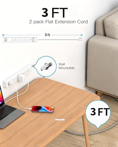 Mifaso 2 Pack Power Strip, 3FT Flat Plug Extension Cord, Surge Protector