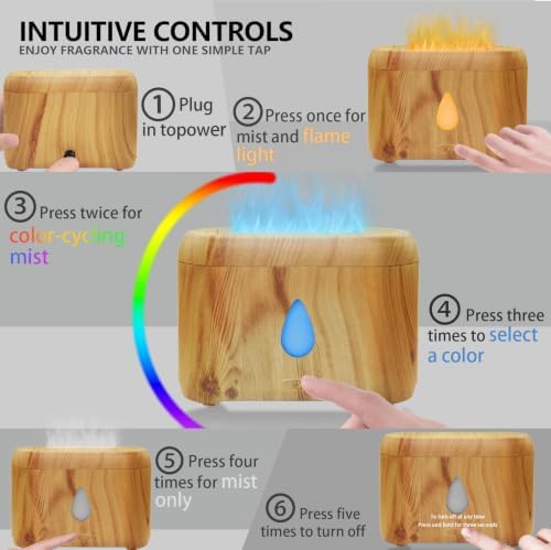 Flame Diffuser for Essential Oils, 200ml Ultrasonic Aroma Diffusers with Cool Mist, Aromatherapy Diffuser with Auto-Off Protection, Small Humidifier for Home,Office,Bedroom,Gift (7 Colors Wood)