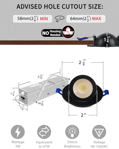 Adetu 2 Inch Black Gimbal LED Recessed Light, 5CCT, 5W=50W, 550LM, 8 Pack