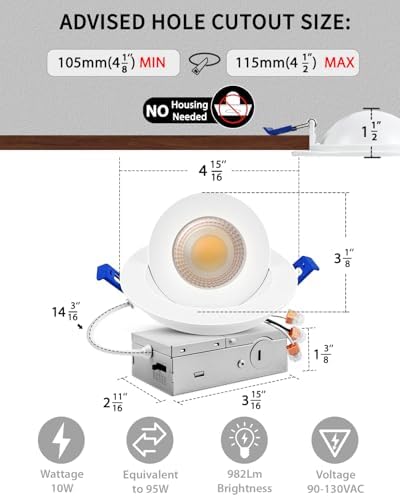 Adetu 4 Pack 4 inch 5CCT LED Eyeball Gimbal Recessed Light, 10W=95W, 982LM