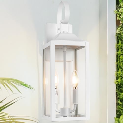 19" White Large Outdoor Wall Lantern 2-Light, Industrial Front Porch Light