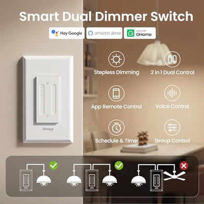 GHome Smart Dual Dimmer Light Switch, 2 in 1 Single Pole Smart Dimmer Switch Works with Alexa & Google Home, WiFi 2.4Ghz, Stepless Dimming, Voice Control, Remote Control, Schedule & Timer, FCC Listed