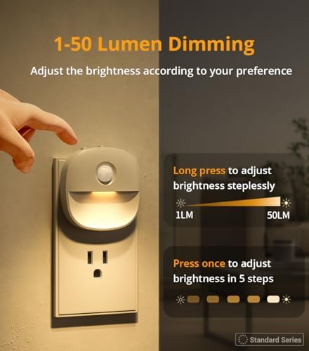 Lyridz Plug in Night Light with Motion Sensor and Dusk to Dawn Sensor, Dimmable Warm Nightlight with 1-50lm Adjustable Brightness Indoor for Bedroom, Bathroom, Stairs, Hallway, 1 Pack