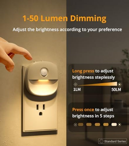 Lyridz Plug in Night Light with Motion Sensor and Dusk to Dawn Sensor, Dimmable Warm Nightlight with 1-50lm Adjustable Brightness Indoor for Bedroom, Bathroom, Stairs, Hallway, 1 Pack