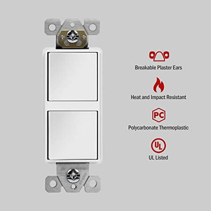 ENERLITES White Double Paddle Decorator Single Pole Switch, 15A, 1 Pack