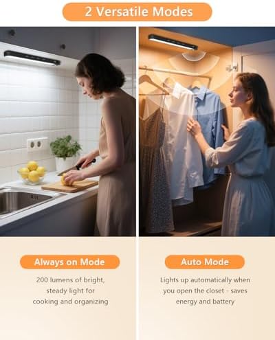 WILLED Under Cabinet & Closet Lights, Motion Sensor, Rechargeable, Magnetic, 3 Color Temps, Dimmable LED Light Bar for Indoor Kitchen Counter (2 Pack, Black)