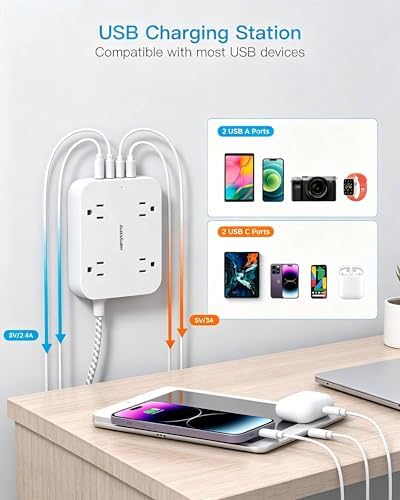 Surge Protector Power Strip, 10Ft Extension Cord with 4 USB Ports(2 USB C)