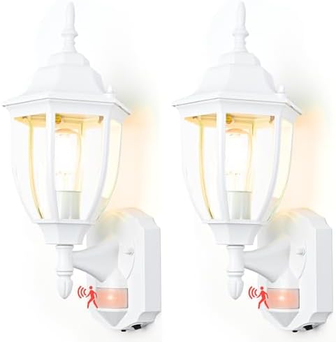 Porch Lights Outdoor Motion Sensor Wall Sconce Anti-Rust Aluminum, Exterior Outdoor Wall Lights Dusk to Dawn Porch Light Fixture Wall Mount for House Outside Patio 2Pack White