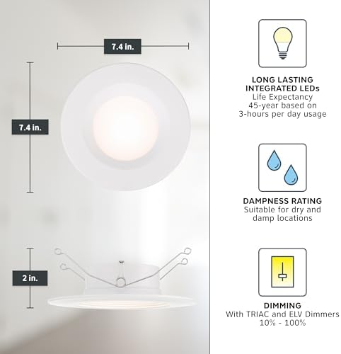 Designers Fountain LED Recessed Ceiling Light, 5/6 Inch 5CCT Metal Lighting Fixture, Dimmable, 1000 Lumens, 2700K/3000K/3500K/4000K/5000K, White Trim, EVL61093T50WH