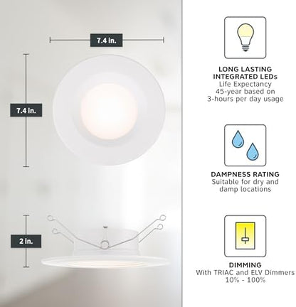 Designers Fountain LED Recessed Ceiling Light, 5/6 Inch 5CCT Metal Lighting Fixture, Dimmable, 1000 Lumens, 2700K/3000K/3500K/4000K/5000K, White Trim, EVL61093T50WH