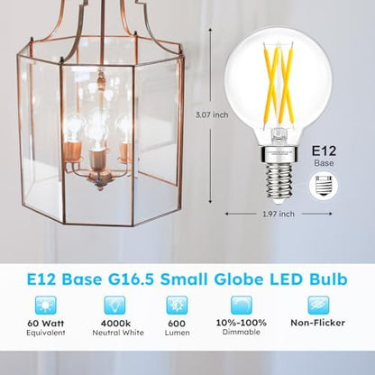 E12 G16.5 Globe Bulb LED, 4000K Neutral White Dimmable, 60W Equivalent