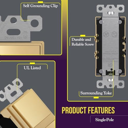 ENERLITES Gold Double Paddle Decorator Single Pole Switch, 15A, 1 Pack