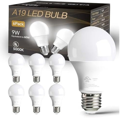 dalattin 6 Pack LED Bulbs Daylight White 5000K, 60 Watt Equivalent A19 Standard Bulbs, E26 Base, 800 LM, Efficient 9W Energy Saving, Non-Dimmable, 80+ CRI, 120V, UL Listed, for Living Room, Office