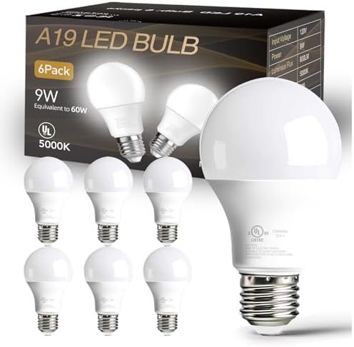 dalattin 6 Pack LED Bulbs Daylight White 5000K, 60 Watt Equivalent A19 Standard Bulbs, E26 Base, 800 LM, Efficient 9W Energy Saving, Non-Dimmable, 80+ CRI, 120V, UL Listed, for Living Room, Office