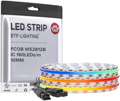 BTF-LIGHTING FCOB COB WS2812B IC RGB LED Strip DC5V 6.5FT 320LED 10mm IP30