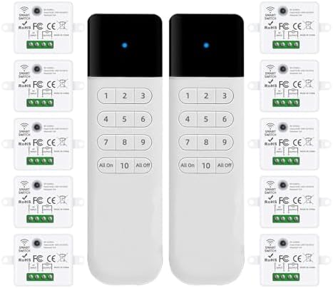 Wireless Light Switch Kit, No Wiring, RF Remote, 2 Switches, 10 Receivers