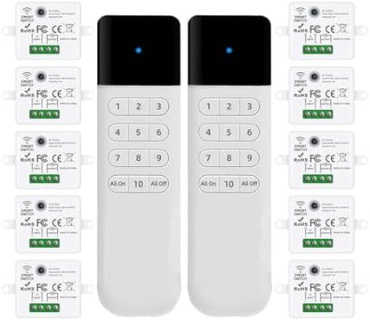 Wireless Light Switch Kit, No Wiring, RF Remote, 2 Switches, 10 Receivers
