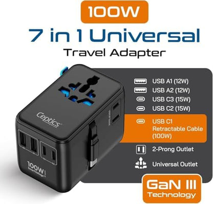 Ceptics Universal Travel Adapter, GAN 100W, 4 USB Ports & 2 Input Sockets