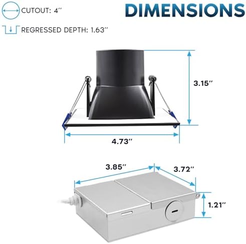 LUXRITE 4 Inch Square LED Recessed Ceiling Light with J-Box, CRI90, 12W, 5CCT Selectable 2700K-5000K, 840 Lumens, Dimmable Canless Downlight, Wet Rated, IC Rated, ETL, Black Trim (12 Pack)