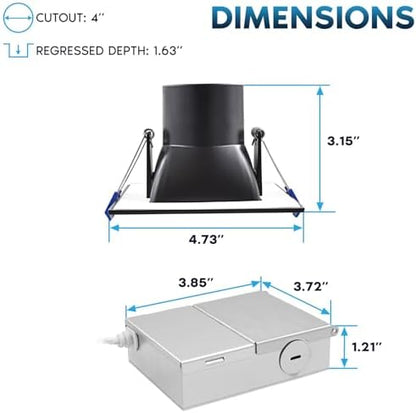 LUXRITE 4 Inch Square LED Recessed Ceiling Light with J-Box, CRI90, 12W, 5CCT Selectable 2700K-5000K, 840 Lumens, Dimmable Canless Downlight, Wet Rated, IC Rated, ETL, Black Trim (4 Pack)