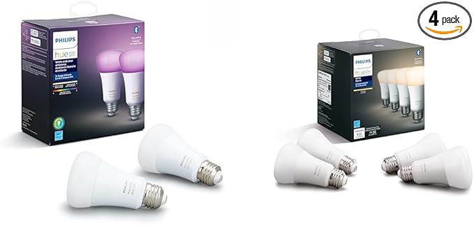 Philips Hue Smart 60W A19 LED Bulb - White and Color Ambiance Color-Changing Light - 2 Pack & Smart 60W A19 LED Bulb - Soft Warm White Light - 4 Pack - 800LM - E26 - Indoor
