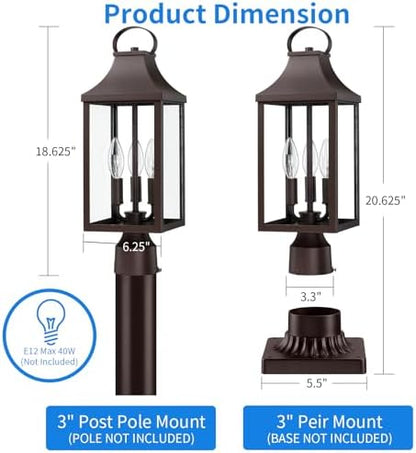 18.62 Post Light Outdoor, Large 3-Light Lamp Post Light Fixture, Brown
