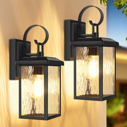 BesLowe 2-Pack Outdoor Wall Light Fixtures with Water Ripple Glass, Black