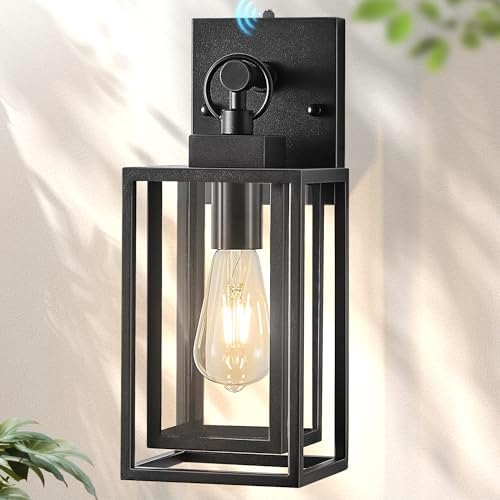 14 IN Dusk To Dawn Outdoor Light Fixture,Double Cage Satin Black Outdoor Wall Lanterns For House,Front Porch,Patio,Yard With Clear Tempered Glass,Waterproof Exterior Wall Light,E26 Base,1 Pack