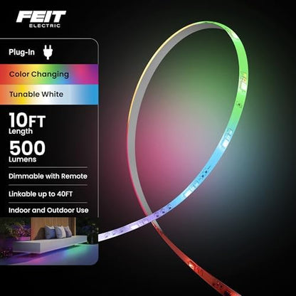 Feit Electric 100ft Chasing & Tunable White LED Tape Light, Dimmable, RGB Colors, Cuttable for Custom Fit, Slim 0.4-Inch Width, Indoor/Outdoor Plug-in Light Strip, Remote Controlled, TAPE1200/CHASE